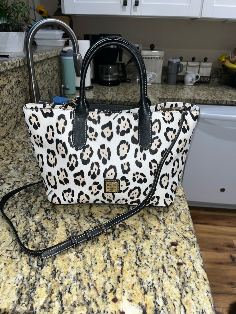 Dooney & Bourke Black and White Leopard Print Leather Satchel